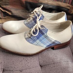 Cole Haan Cream and Blue Plaid Oxfords